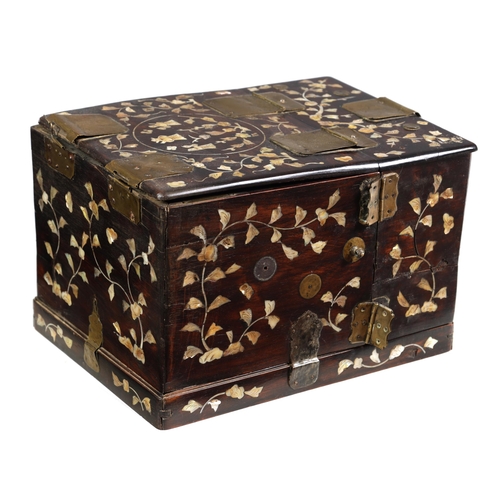 179 - A 19TH CENTURY CHINESE HARDWOOD AND MOTHER OF PEARL INLAID PORTABLE DRESSING BOX with floral inlaid ... 