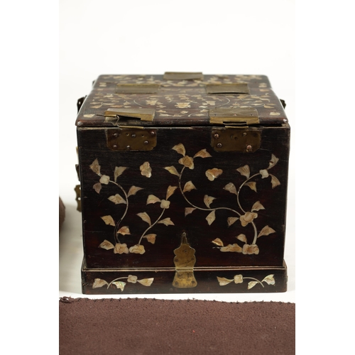 179 - A 19TH CENTURY CHINESE HARDWOOD AND MOTHER OF PEARL INLAID PORTABLE DRESSING BOX with floral inlaid ... 