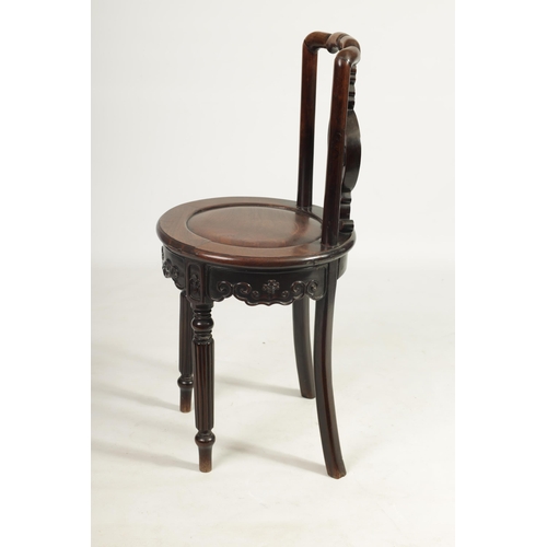 182 - AN UNUSUAL 19TH CENTURY ANGLO CHINESE HARDWOOD SIDE CHAIR the circular panelled seat with scroll and... 