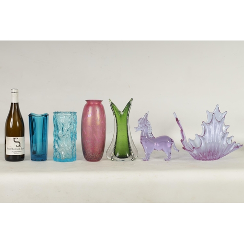 19 - A GROUP OF VINTAGE MURANO AND ART GLASS VASES AND SCULPTURES including a Royal Brierley Studio iride... 