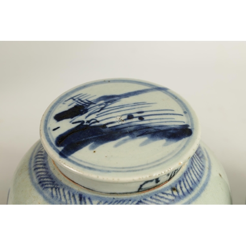 191 - TWO LATE MING CHINESE BLUE AND WHITE STONEWARE GINGER JARS AND COVERS decorated with men fishing in ... 