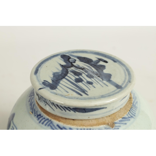 191 - TWO LATE MING CHINESE BLUE AND WHITE STONEWARE GINGER JARS AND COVERS decorated with men fishing in ... 