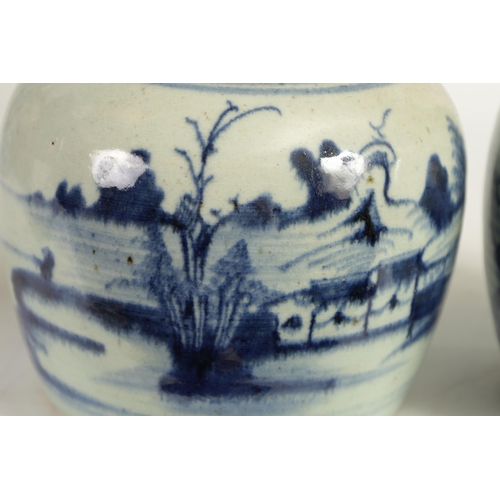 191 - TWO LATE MING CHINESE BLUE AND WHITE STONEWARE GINGER JARS AND COVERS decorated with men fishing in ... 