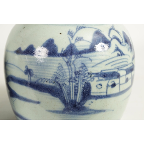 191 - TWO LATE MING CHINESE BLUE AND WHITE STONEWARE GINGER JARS AND COVERS decorated with men fishing in ... 