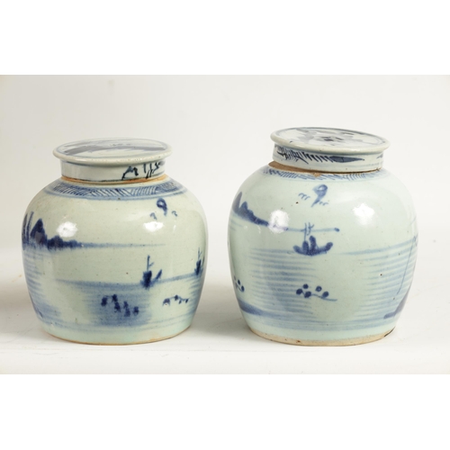 191 - TWO LATE MING CHINESE BLUE AND WHITE STONEWARE GINGER JARS AND COVERS decorated with men fishing in ... 