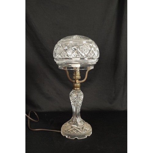 2 - AN EARLY 20TH CENTURY CUT GLASS TABLE LAMP with hobnail cut domed shade and bulbous stem. (39cm high... 