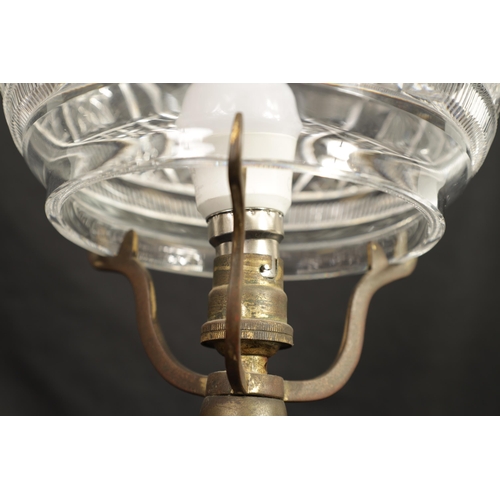 2 - AN EARLY 20TH CENTURY CUT GLASS TABLE LAMP with hobnail cut domed shade and bulbous stem. (39cm high... 