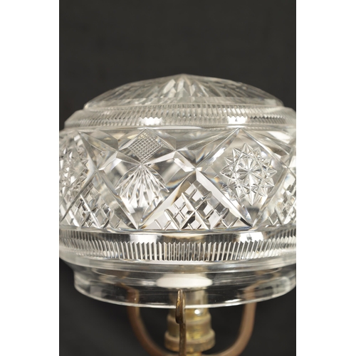 2 - AN EARLY 20TH CENTURY CUT GLASS TABLE LAMP with hobnail cut domed shade and bulbous stem. (39cm high... 