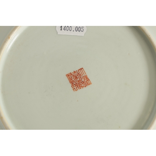 202 - A CHINESE QUING FAMILLE ROSE PORCELAIN PLATE decorated with butterflies amongst blossoming branches,... 