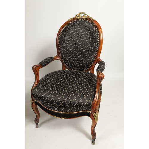 205 - TWO 19TH CENTURY WALNUT AND BRASS MOUNTED UPHOLSTERED BEDROOM CHAIRS one with brass mounts having a ... 