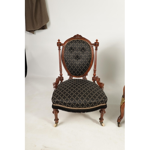 205 - TWO 19TH CENTURY WALNUT AND BRASS MOUNTED UPHOLSTERED BEDROOM CHAIRS one with brass mounts having a ... 