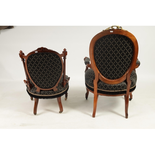 205 - TWO 19TH CENTURY WALNUT AND BRASS MOUNTED UPHOLSTERED BEDROOM CHAIRS one with brass mounts having a ... 