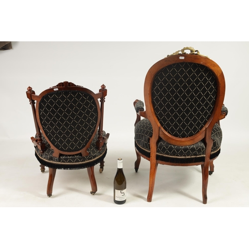 205 - TWO 19TH CENTURY WALNUT AND BRASS MOUNTED UPHOLSTERED BEDROOM CHAIRS one with brass mounts having a ... 