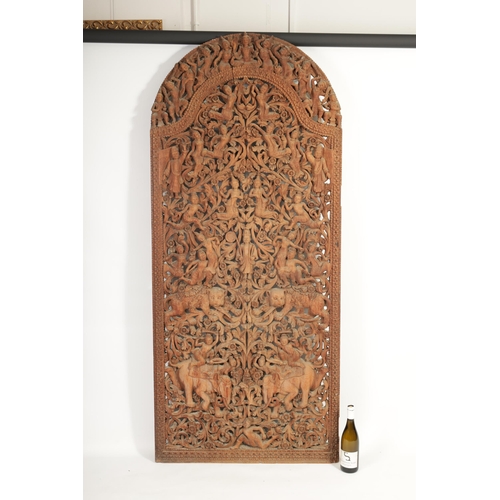 213 - A 19TH CENTURY TIBETAN CARVED HARDWOOD CARVED PANEL / DOOR with figural decoration depicting cats an... 