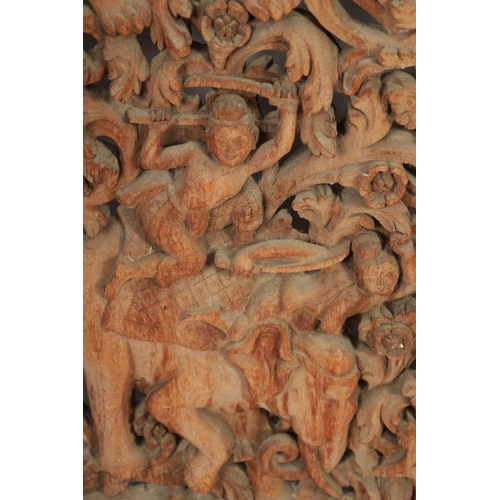 213 - A 19TH CENTURY TIBETAN CARVED HARDWOOD CARVED PANEL / DOOR with figural decoration depicting cats an... 