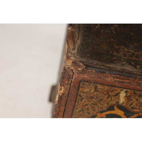 216 - A 17TH CENTURY ANGLO INDIAN TABLE CABINET with scroll and portrait decorated painted body; the hinge... 