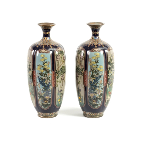 218 - A FINE PAIR OF JAPANESE MEIJI PERIOD CLOISONNÉ VASES of slender shaped tapering form fully decorated... 