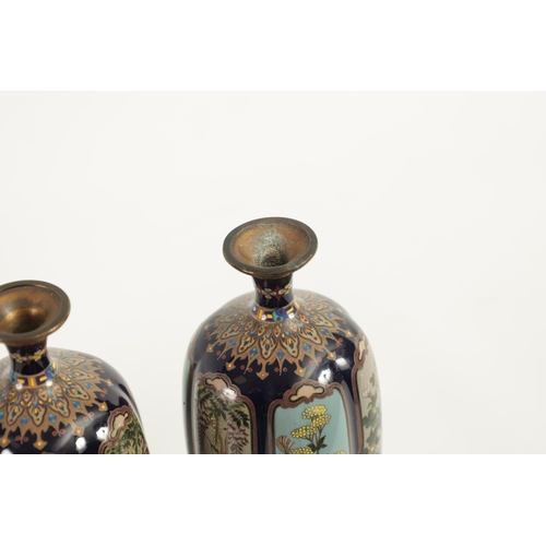 218 - A FINE PAIR OF JAPANESE MEIJI PERIOD CLOISONNÉ VASES of slender shaped tapering form fully decorated... 