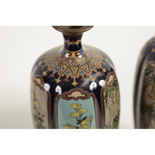 218 - A FINE PAIR OF JAPANESE MEIJI PERIOD CLOISONNÉ VASES of slender shaped tapering form fully decorated... 