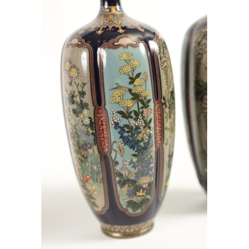 218 - A FINE PAIR OF JAPANESE MEIJI PERIOD CLOISONNÉ VASES of slender shaped tapering form fully decorated... 