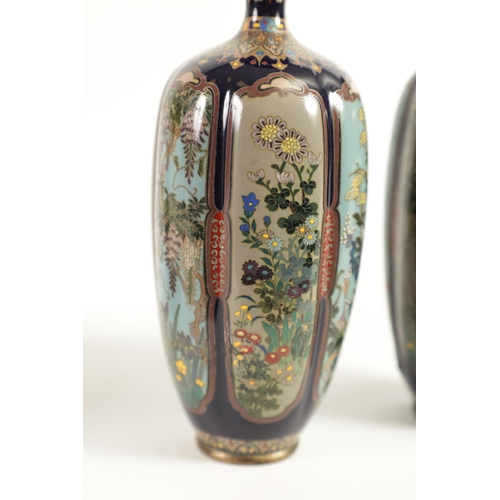 218 - A FINE PAIR OF JAPANESE MEIJI PERIOD CLOISONNÉ VASES of slender shaped tapering form fully decorated... 