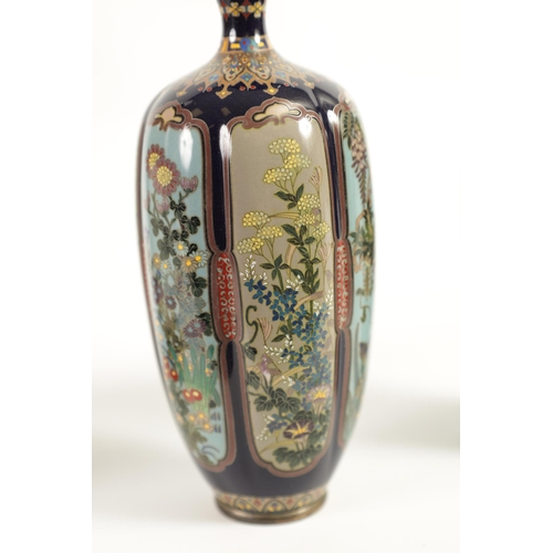 218 - A FINE PAIR OF JAPANESE MEIJI PERIOD CLOISONNÉ VASES of slender shaped tapering form fully decorated... 