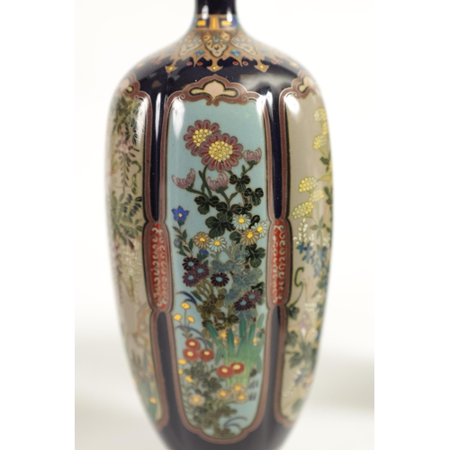 218 - A FINE PAIR OF JAPANESE MEIJI PERIOD CLOISONNÉ VASES of slender shaped tapering form fully decorated... 