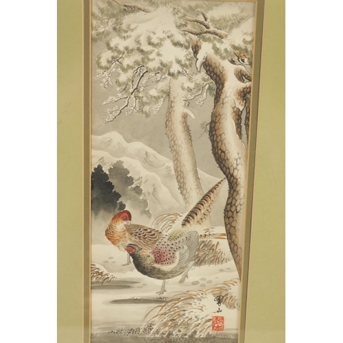 219 - A PAIR OF MEIJI PERIOD JAPANESE WATERCOLOURS one depicting pheasants, the other with two flying duck... 