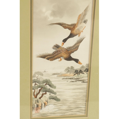 219 - A PAIR OF MEIJI PERIOD JAPANESE WATERCOLOURS one depicting pheasants, the other with two flying duck... 