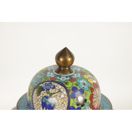 234 - A LATE 19TH CENTURY CHINESE CLOISONNÉ ENAMEL JAR AND COVER ON CARVED WOOD STAND of tapering shoulder... 