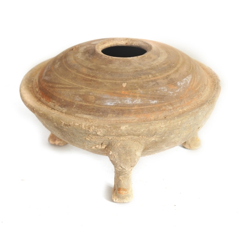 238 - A CHINESE HAN PERIOD THREE LEGGED POT with domed top raised on three cabriolet legs (13.5cm high, 22... 