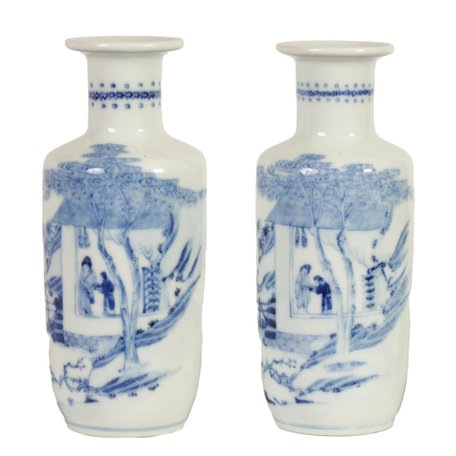 240 - A PAIR OF 19TH CENTURY CHINESE BLUE AND WHITE ROULEAU PORCELAIN VASES the bodies decorated with figu... 