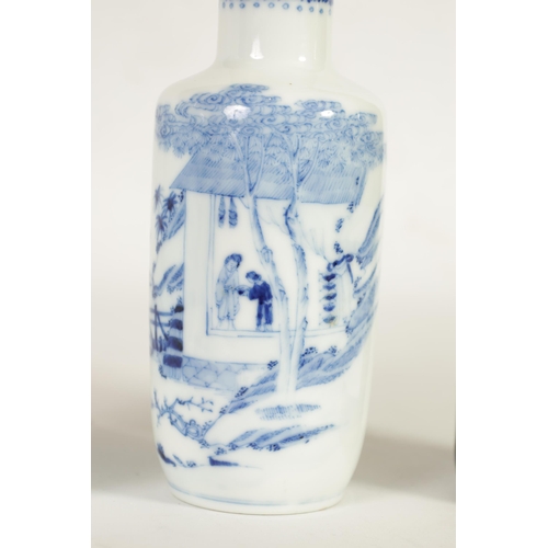 240 - A PAIR OF 19TH CENTURY CHINESE BLUE AND WHITE ROULEAU PORCELAIN VASES the bodies decorated with figu... 