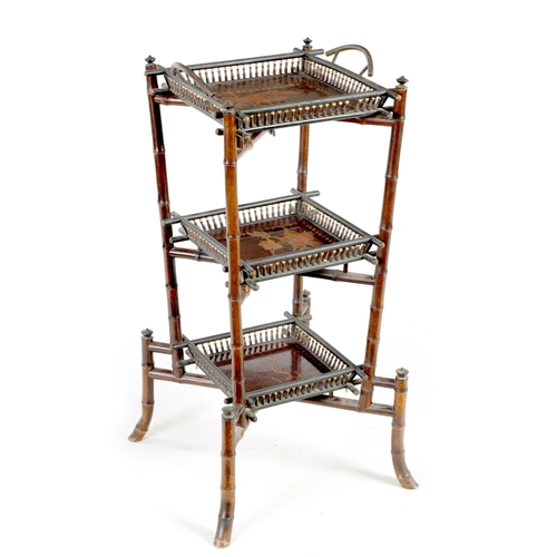 241 - A JAPANESE MEIJI PERIOD LAQUERWORK AND BAMBOO FOLDING THREE-TIER WHAT-NOT the galleried simulated li... 