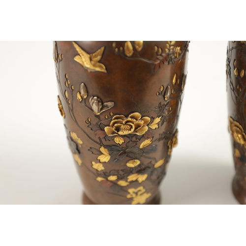 246 - A GOOD PAIR OF JAPANESE MEIJI PERIOD MIXED METAL AND BRONZE CABINET VASES highly decorated with flow... 