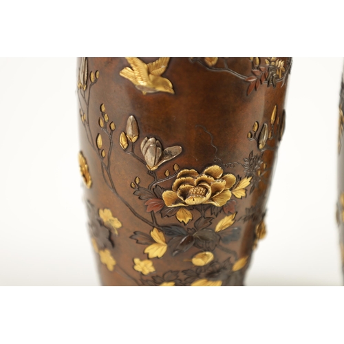 246 - A GOOD PAIR OF JAPANESE MEIJI PERIOD MIXED METAL AND BRONZE CABINET VASES highly decorated with flow... 