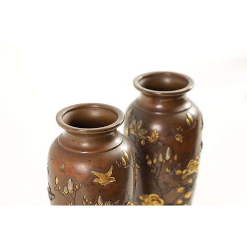 246 - A GOOD PAIR OF JAPANESE MEIJI PERIOD MIXED METAL AND BRONZE CABINET VASES highly decorated with flow... 