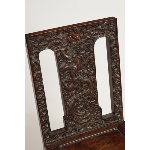 248 - A GOOD 19TH CENTURY CHINESE CARVED HARDWOOD SINGLE CHAIR the sqaure back with relief carved dragon a... 