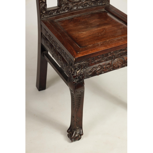 248 - A GOOD 19TH CENTURY CHINESE CARVED HARDWOOD SINGLE CHAIR the sqaure back with relief carved dragon a... 