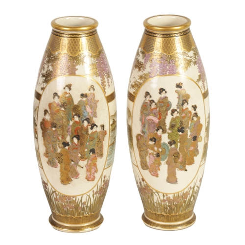 249 - A FINE PAIR OF JAPANESE SATSUMA OVOID CABINET VASES with finely decorated figural oval panels and la... 