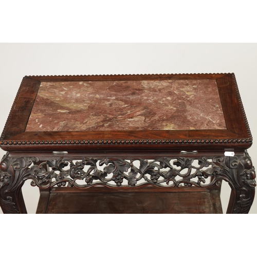 251 - A 19TH CENTURY CHINESE HARDWOOD ALTAR TABLE with inset marble top above a finely carved pierced frie... 