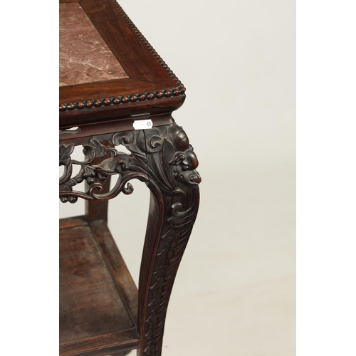 251 - A 19TH CENTURY CHINESE HARDWOOD ALTAR TABLE with inset marble top above a finely carved pierced frie... 