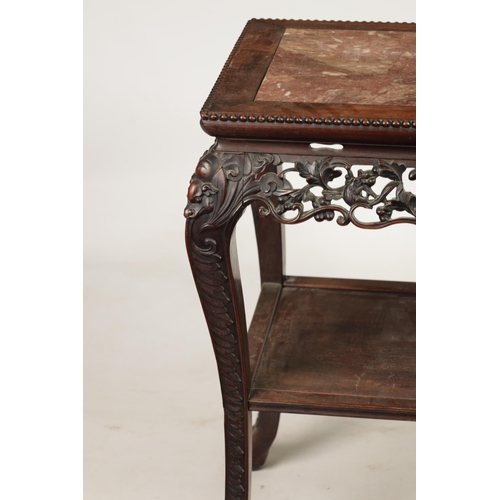 251 - A 19TH CENTURY CHINESE HARDWOOD ALTAR TABLE with inset marble top above a finely carved pierced frie... 