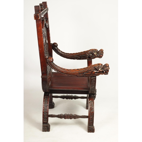 257 - AN IMPRESSIVE LATE 19TH CENTURY CHINESE HARDWOOD X FRAME THRONE CHAIR profusely carved with a panell... 