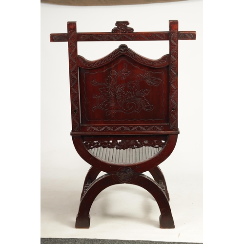 257 - AN IMPRESSIVE LATE 19TH CENTURY CHINESE HARDWOOD X FRAME THRONE CHAIR profusely carved with a panell... 