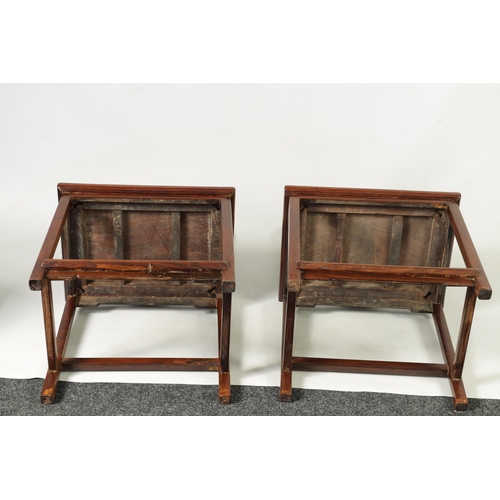 264 - A PAIR OF 19TH CENTURY CHINESE HARDWOOD HALL CHAIRS with vase-shaped solid centre splats within a ro... 