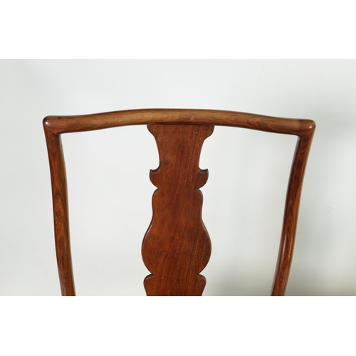 264 - A PAIR OF 19TH CENTURY CHINESE HARDWOOD HALL CHAIRS with vase-shaped solid centre splats within a ro... 