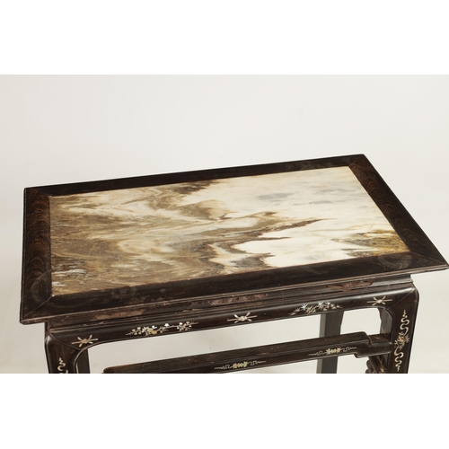 265 - A 19TH CENTURY CHINESE HARDWOOD ALTAR TABLE with inset marble top above an openwork base raised on s... 