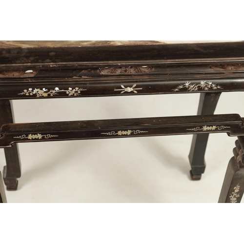 265 - A 19TH CENTURY CHINESE HARDWOOD ALTAR TABLE with inset marble top above an openwork base raised on s... 