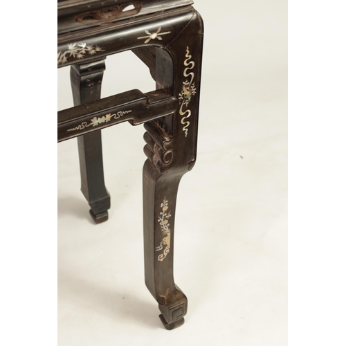 265 - A 19TH CENTURY CHINESE HARDWOOD ALTAR TABLE with inset marble top above an openwork base raised on s... 